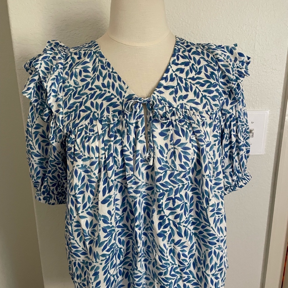 Emerson Fry Blue and White Leaf isla Print Blouse